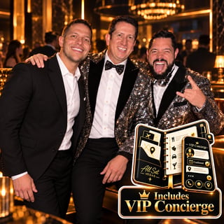 Three men in formal attire at an elegant event with gold lighting, one wearing a sparkly jacket, posing with a VIP Concierge award