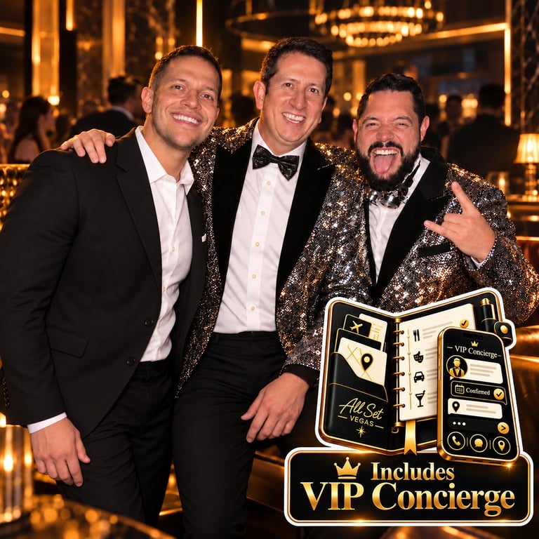 Three men in formal attire at an elegant event with gold lighting, one wearing a sparkly jacket, posing with a VIP Concierge award