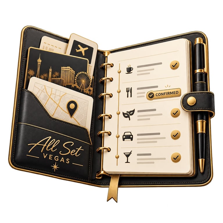 Open black and gold travel planner with Vegas skyline pocket, checklist pages, pen, and bookmark ribbon