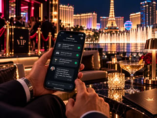 Person holding smartphone displaying a music streaming app at a luxury rooftop bar overlooking Las Vegas fountain and Eiffel Tower replica