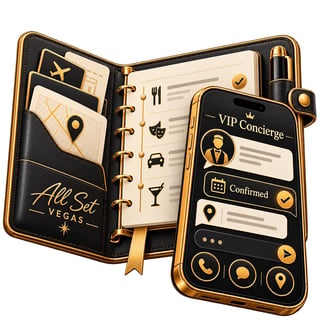 Luxury VIP concierge service app displayed on smartphone next to black and gold planner, showing travel and hospitality features