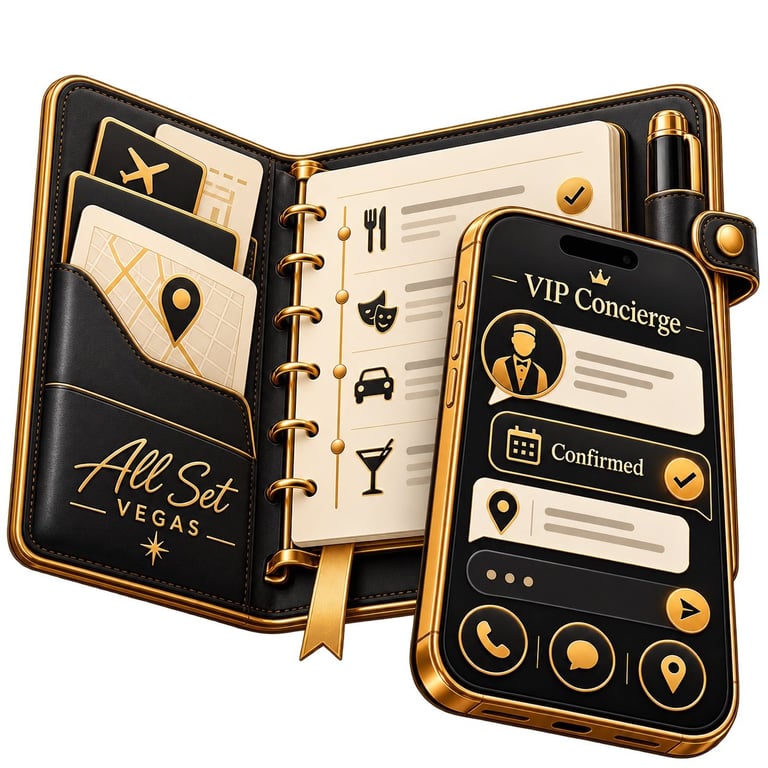 Luxury VIP concierge service app displayed on smartphone next to black and gold planner, showing travel and hospitality features